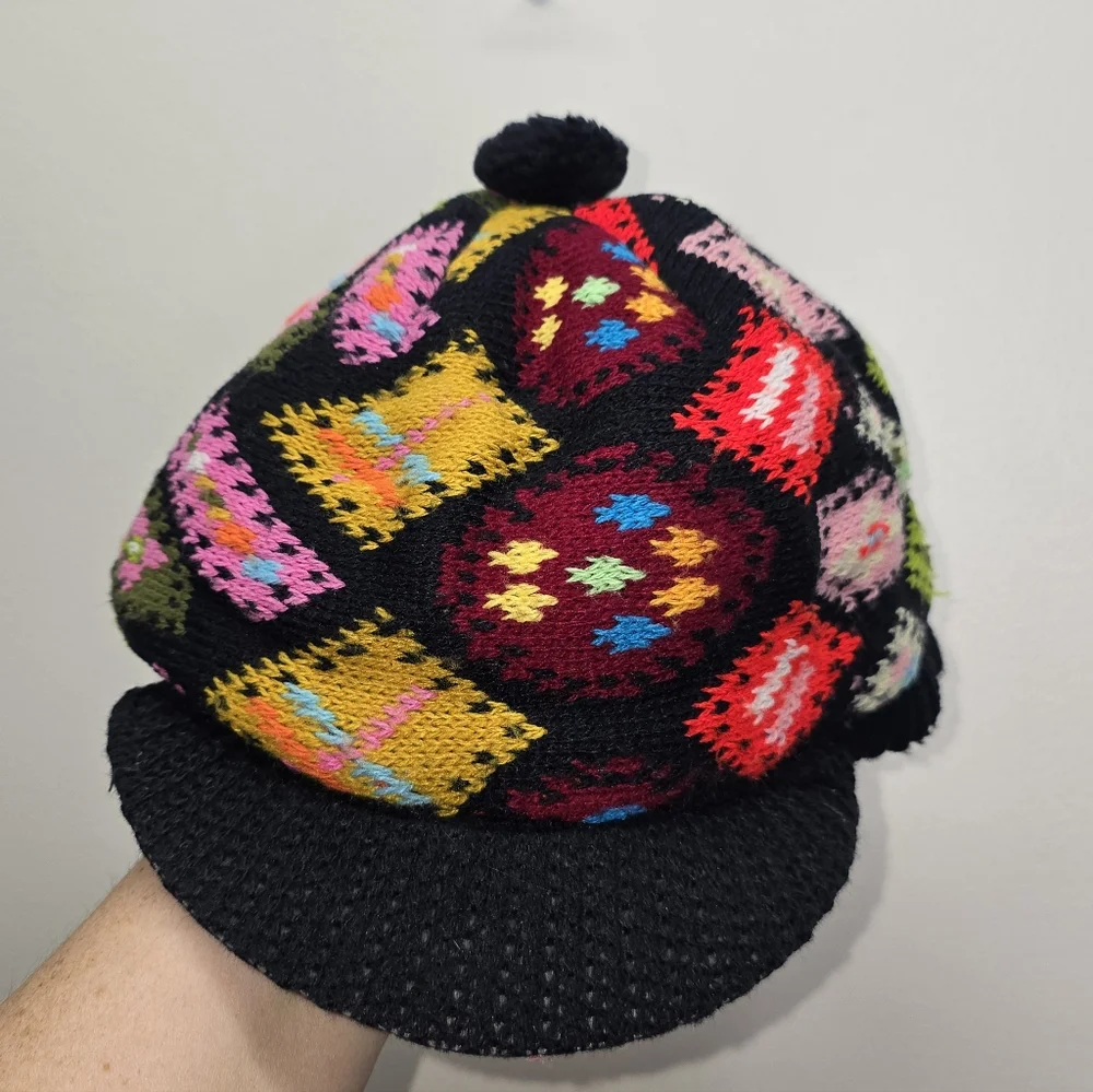 Zwicker Vintage Granny Square Hat Patchwork Pom Pom Crochet Festival Retro